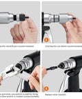 Instructional image showing how to change mandrels on Your Go To Heavy Duty Pneumatic Hydraulic Rivet Nut Set Kit with Eight Mandrels.