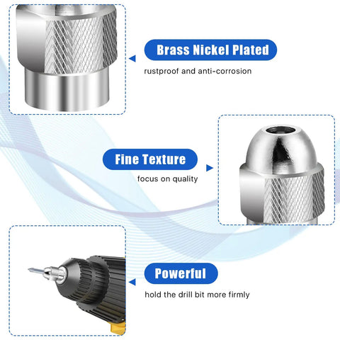 Brass nickel-plated collets and flex shaft in Versatile 10 Piece Chuck Collet Kit For Dremel Rotary Tools with text labels.