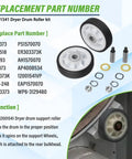 Complete Dryer Repair Kit With 100 Inch Drum Belt And Roller Bearings, replacement part numbers and drum roller components shown.