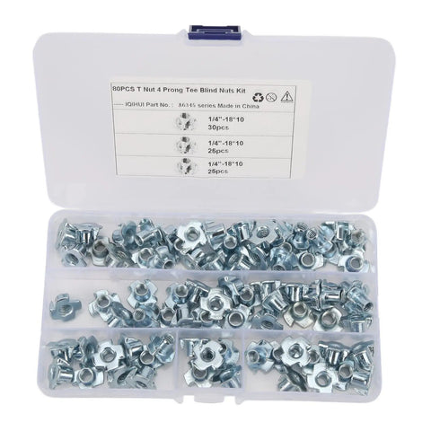 80-Piece Carbon Steel T Nut 4 Prong Tee Blind Nuts Kit for RVs Electronics and Furniture Projects in open case