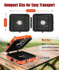 Dimensions of Two Burner Portable Camping Stove With Carry Bag No-Fuss 17000 BTU Propane Camp Stove For Camping Outdoor Cooking RV Trips Or Emergencies Foldable Dual Burners For Quick Easy Meals shown on a wooden table