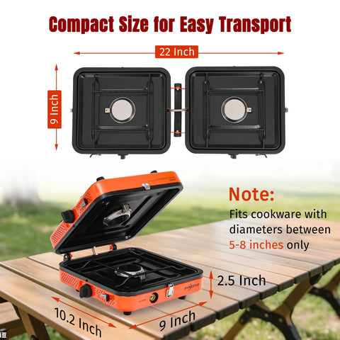Dimensions of Two Burner Portable Camping Stove With Carry Bag No-Fuss 17000 BTU Propane Camp Stove For Camping Outdoor Cooking RV Trips Or Emergencies Foldable Dual Burners For Quick Easy Meals shown on a wooden table