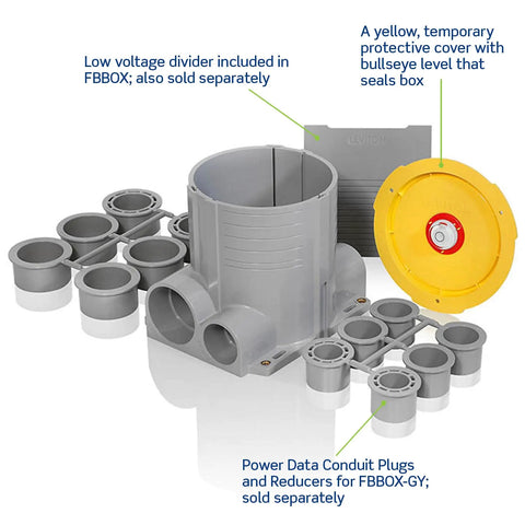 2 Gang Concrete Floor Box System Gray With Bullseye Leveling And Low Voltage Divider For Power And Data On Tap Includes 6.25 Inch Box Height And Conduit Reducers Requires FBLEV-GY And Finished Floor Plate, components displayed with plugs and divider