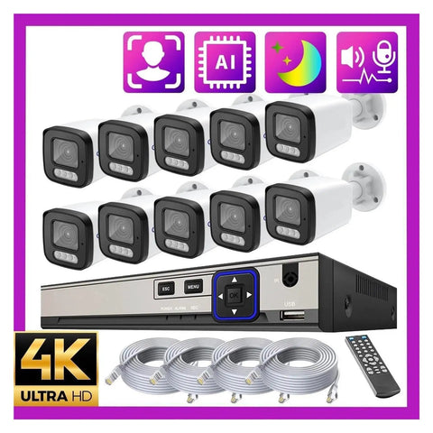 Fo Sho Crisp 4K 8MP PoE NVR Security Camera Surveillance Kit With Smart AI Face Detection Super Clarity Night Vision Plug And Play setup with 8 cameras and NVR.
