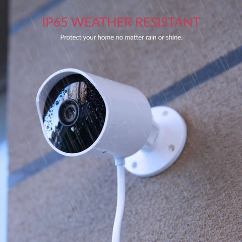 Two Pack Outdoor Security Camera Set 1080p Waterproof WiFi Smart Cams With Night Vision Motion Alerts Cloud Storage Smartphone App Alexa Compatible Front Door Surveillance System mounted on wall in rain.