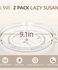 2 Pack 9 Inch Clear Lazy Susan Turntables for Cabinet Fridge Kitchen Pantry Storage Super Handy Organizers For Spices Seasonings Condiments And Everyday Kitchen Organization, showcasing clear 9.1 inch lazy susan with 360° rotation feature, BPA-free PET plastic.
