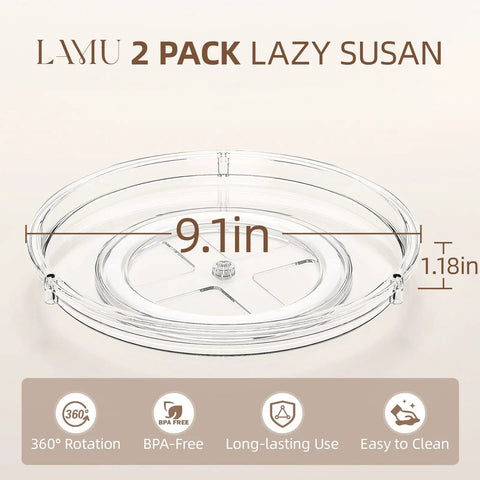 2 Pack 9 Inch Clear Lazy Susan Turntables for Cabinet Fridge Kitchen Pantry Storage Super Handy Organizers For Spices Seasonings Condiments And Everyday Kitchen Organization, showcasing clear 9.1 inch lazy susan with 360° rotation feature, BPA-free PET plastic.