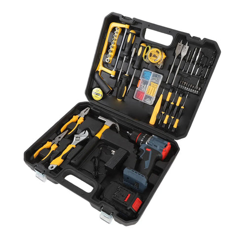 Pro Level Cordless Drill Power Tool Set With Slick Variable Speed Trigger And 25 Heavy Duty Bits, 45-piece tool kit in a portable case.