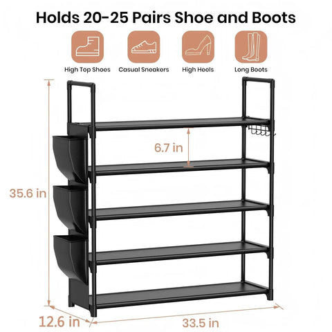 5 Tier Shoe Rack With Hook And Side Pocket, Space Saving Shoe Organizer holds 20 to 25 pairs, sturdy free standing shoe shelf