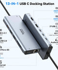 Triple Monitor USB C Docking Station 13-In-1 Hub with Dual HDMI and DisplayPort, showing ports and cables, great for Dell, HP, Lenovo, MacBook.