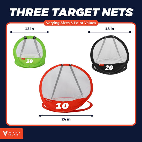 Three target nets in sizes 12in, 18in, and 24in for Golf Chipping Practice Net Set With Three Target Nets In Small Medium Large