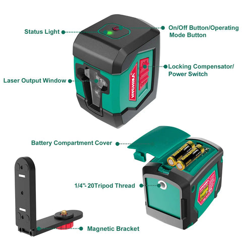 Dual Mode Laser Level With Self Leveling Cross Lines, Pro Grade Accuracy, Magnetic Bracket, Battery Included, showing features