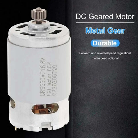 Rs550 16.8V DC Motor 26000RPM High Speed Micro Motor With 11 Tooth High Torque Gearbox showing metal gear design and shaft.