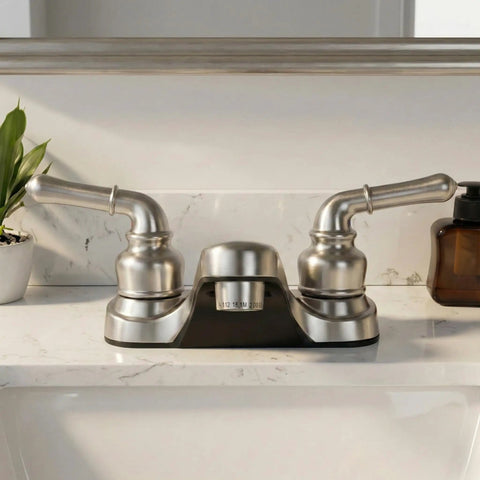 Two Lever Bathroom Sink Faucet With Elegant Arc Spout In Brushed Satin Nickel Finish Built To Last Aerated Water Stream For Splash Free Use Metal Plating Over Lightweight ABS Construction Classic Style For Everyday Bathrooms