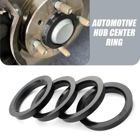 Universal Four Piece Wheel Hub Center Rings For Cars And Trucks 73 To 60 Mm Bore Reducer Adapter set displayed with black plastic rings.