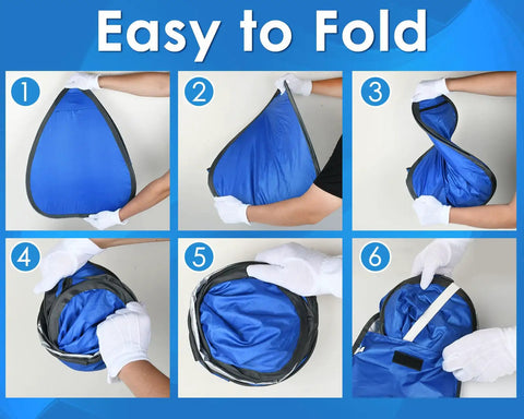 Step-by-step guide to folding the Portable Pop Up Pet Tent Sun Shade Shelter for Dogs, Cats and Small Animals, UV Blocking Beach Hideaway.