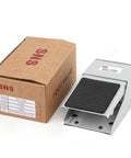 Pneumatic Heavy Duty Foot Pedal Valve For Four Way Two Position With Quarter Inch NPT Threads next to packaging box.