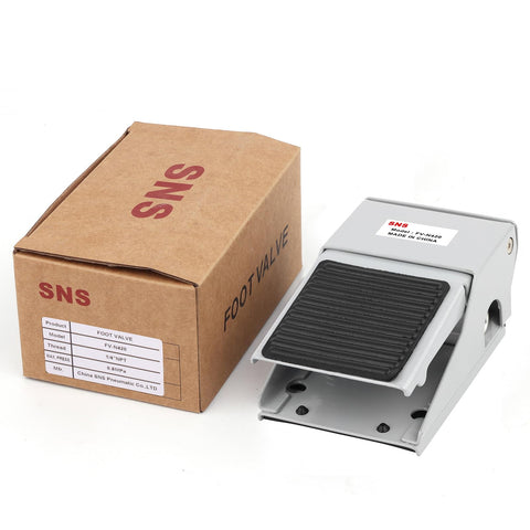 Pneumatic Heavy Duty Foot Pedal Valve For Four Way Two Position With Quarter Inch NPT Threads next to packaging box.
