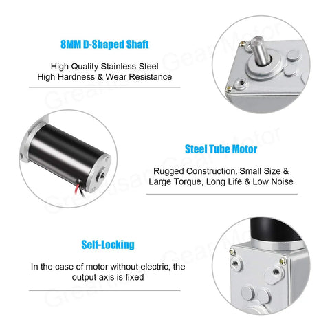 DC 12V Beefy Torque Worm Gear Motor 110RPM 4Kg.cm 8mm Shaft Self-Locking Reversible, steel shaft, motor details