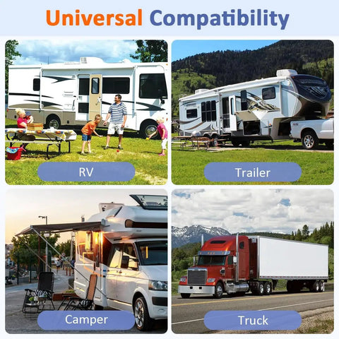 RV, trailer, camper, and truck in scenic outdoor settings showcasing universal compatibility.