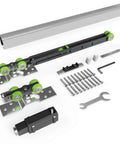 Pocket Door Track Kit With Soft Close And Soft Open For 5 Ft, 5.3 Ft And 8 Ft Doors shown with components and tools