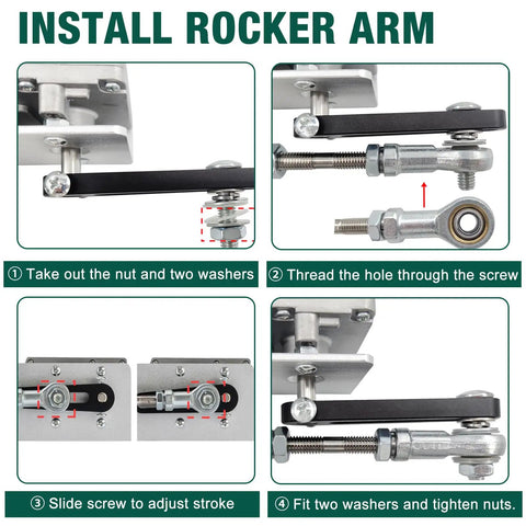 Installation guide for Beefed Up Reciprocating Linear Actuator With High Torque 40 Lbs 24V, showing rocker arm assembly.