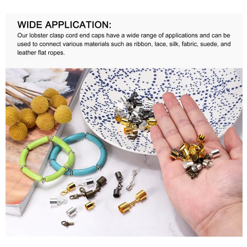 10 Sets Of 9mm Leather Cord End Caps With Lobster Claw Clasps Barrel Terminators For DIY Jewelry Making displayed on hand.