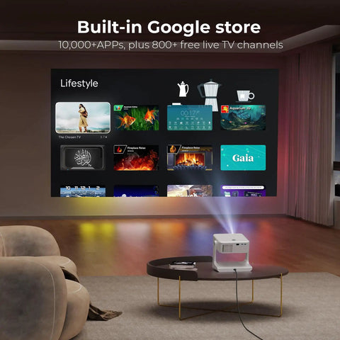 Outdoor 4K Projector With Built In Google TV And Voice Control For Backyard Cinema, image showing Google TV interface on wall.