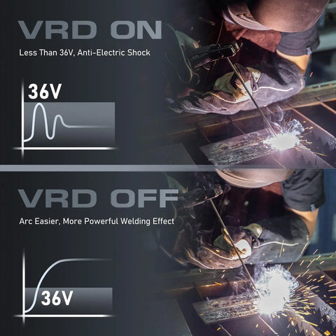 Welder using 2 In 1 Stick And Lift TIG Welder 200A 110 And 220V MMA with VRD ON and OFF modes for enhanced performance.
