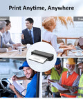 Collage showing Inkless Portable Printer For Travel, Wireless Bluetooth Thermal Printer, used in business, travel, in-car, and on-site settings.