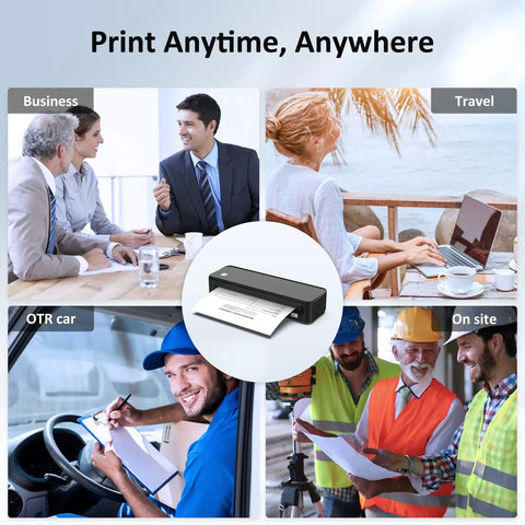 Collage showing Inkless Portable Printer For Travel, Wireless Bluetooth Thermal Printer, used in business, travel, in-car, and on-site settings.
