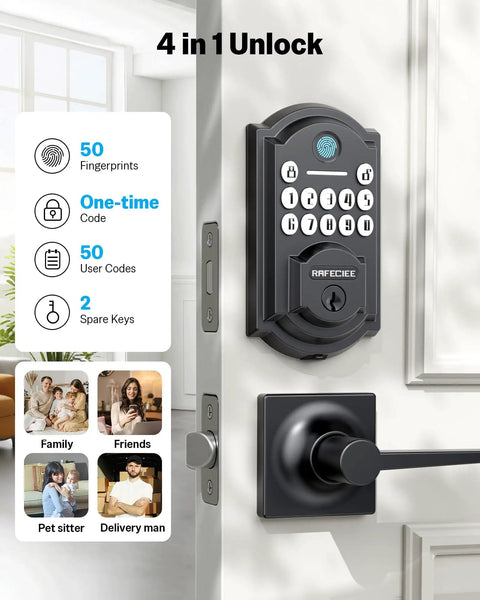 Front Door Lock Set With 2 Lever Handles Keyless Entry Deadbolt Fingerprint And Digital Keypad Matte Black 3 In 1 Unlock System