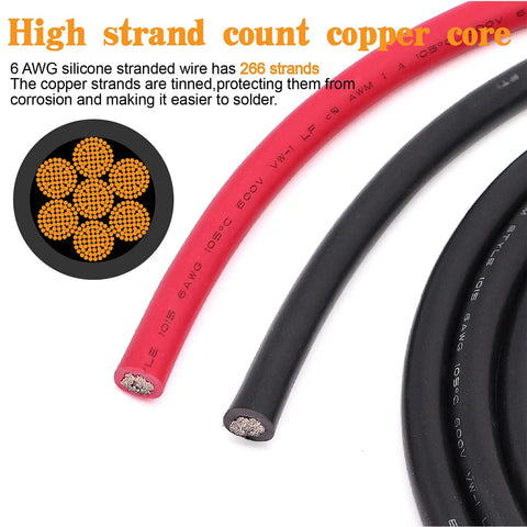 6 AWG Tinned Copper Battery Wire Kit With 13.1 Ft Red And Black Power Cables UL1015 CSA Approved Includes Two 6.5 Ft Cables, Six Three-Eighths Inch Lugs, Six Five-Sixteenths Inch Lugs, Heat Shrink Tubing, OFC Welding Cable For Inverters And Boats. Red and black 6 AWG tinned copper wire with 266-strand core