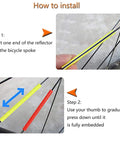 Installation steps for 72Pcs Spoke Reflectors Set for Night Riding Red Reflective Spoke Skins and Safety Wraps on a bike wheel.
