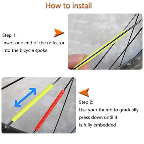 Installation steps for 72Pcs Spoke Reflectors Set for Night Riding Red Reflective Spoke Skins and Safety Wraps on a bike wheel.