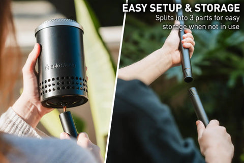 Mesa Torch 3 Pack Outdoor Backyard Torches With 5 Hour Burn Time being assembled and stored in 3 parts for convenience