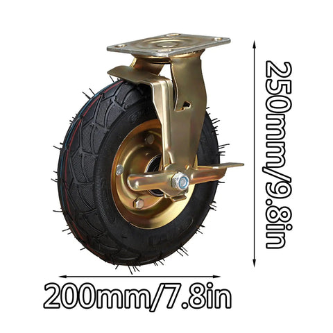 Heavy Duty 2 Pack Of 8 Inch And 10 Inch Rubber Casters With Side Brakes showing 10 inch pneumatic wheel with steel bracket.