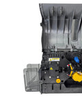 Dead Simple Dual Sided ID Card Printer With Fast Load Laminate Deck Using Dye Diffusion Retransfer Printing At Three Hundred DPI Over Rock Solid USB LAN Ports In Slick Grey Chassis for CR 80 Plastic Cards, open view showing loading mechanism.