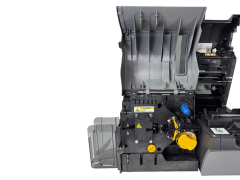 Dead Simple Dual Sided ID Card Printer With Fast Load Laminate Deck Using Dye Diffusion Retransfer Printing At Three Hundred DPI Over Rock Solid USB LAN Ports In Slick Grey Chassis for CR 80 Plastic Cards, open view showing loading mechanism.