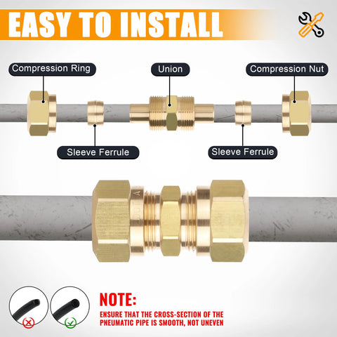 Front view of Ailbiuko brass DOT air brake line fittings kit with compression rings, sleeves, nuts, and unions.