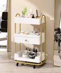 Salon Trolley Cart With Three Trays And One Drawer Mobile Hair Styling Station On Two Lockable Wheels Pro Grade Esthetician Cart For Beauty Spa And Barbershop Large White Storage Cabinet with products displayed in a salon setting.