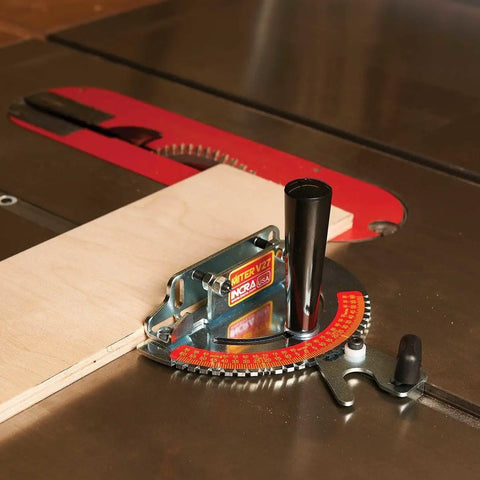 Kickass Table Saw Miter Gauge Featuring Twenty Seven Angle Stops For Dead Accurate Cuts And Zero Side Play Tuning on a wood table.