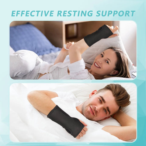 Two Pack Night Wrist Sleep Support Brace for Carpal Tunnel shown worn by a man and woman in bed for pain relief and comfort