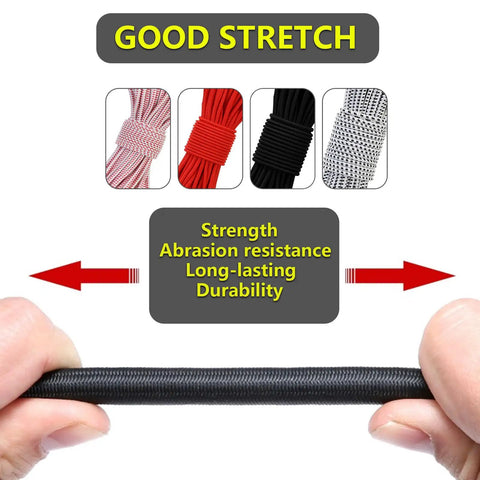 Hands stretching black cord, highlighting features of the One Eighth Inch Sixty Feet Tent Pole Shock Cord Replacement Kit With Lead Wire, Washers And Clip.
