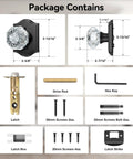 Package contents of Five Pack Black Vintage Crystal Glass Door Knobs with Lock, including latches, screws, and tools
