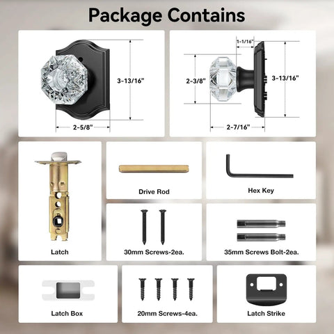 Package contents of Five Pack Black Vintage Crystal Glass Door Knobs with Lock, including latches, screws, and tools