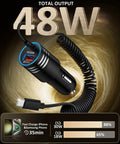 Hella Fast 48W USB C Car Charger With Slick Coiled Cable For Samsung And Apple Devices PD 3.0 QC 3.0 adapter with display.