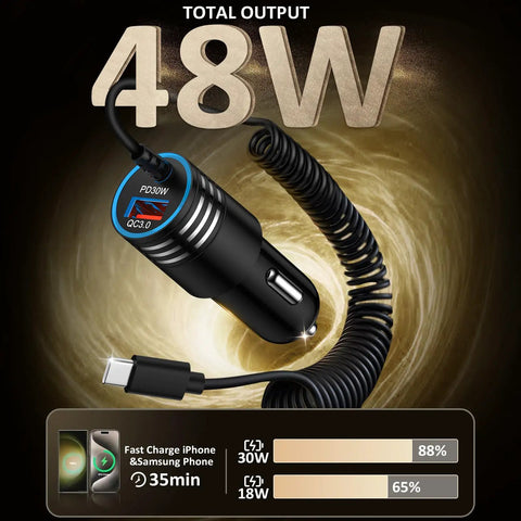Hella Fast 48W USB C Car Charger With Slick Coiled Cable For Samsung And Apple Devices PD 3.0 QC 3.0 adapter with display.