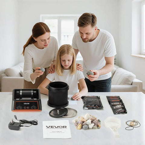 Rock Tumbler Kit For Beginners And Pros, 2 Lb Capacity, Four Speed Settings, tabletop setup with accessories