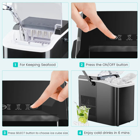 OLIXIS black countertop ice maker with handle; front view with ice basket and touch-control panel showing ice-size selector.